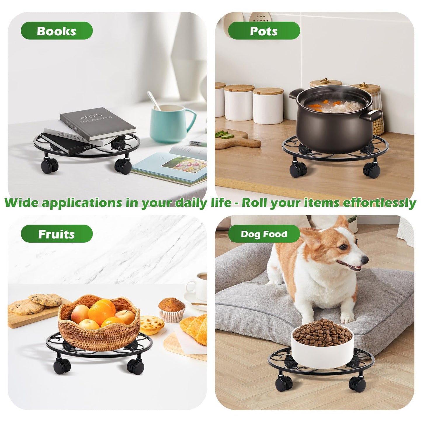 DEELF OUTLET 3 Packs 12 inches Large Metal Plant Caddy with Wheels Round Planter Dolly Pot Mover Rollers Wrought Iron Rolling Plant Stands Indoor Outdoor Wheeled Plant Holder Coaster Trolley, Black