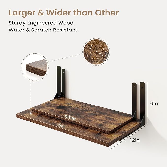 Fun Memories Rustic Brown 12 Inch Deep Floating Shelves Set of 2, Wall Mounted