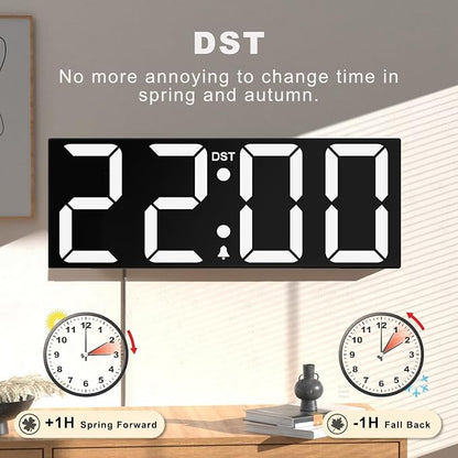 JALL 22" Large Digital Wall Clock, Big LED Display with Night Light, Auto Dimming & DST, Giant Alarm Clock for Seniors, Elderly Parents, Gift for Mom Dad (White)
