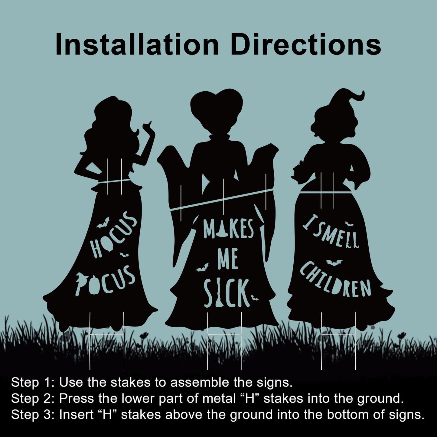 Hocus Pocus Halloween Decorations Outdoor: 3 Extra Large Hocus Pocus Witches, Black Halloween Silhouette Yard Signs with Stakes, Thick Corrugated Plastic, Outside Yard Lawn Decor for Kids Home Party