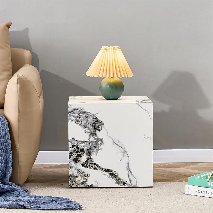 Side Table, End Table with White Marble Grain, Modern Beside Sofa Couch Tables