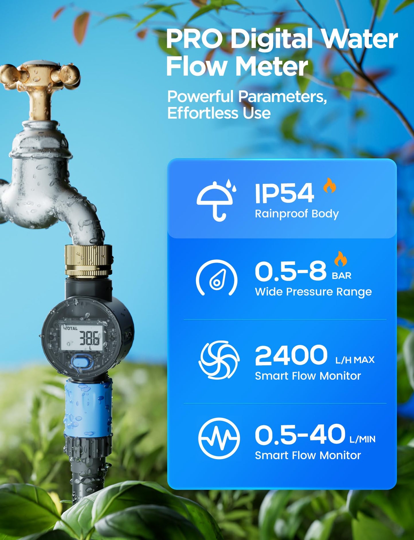 Water Flow Meter with Brass Inlet, Measuring Gallon/Liter Consumption and Flow Rate for Outdoor Garden Hose Watering, RV Essentials Water Tank Filling, Sprinkler and Nozzle Sprayer (1 Pack)