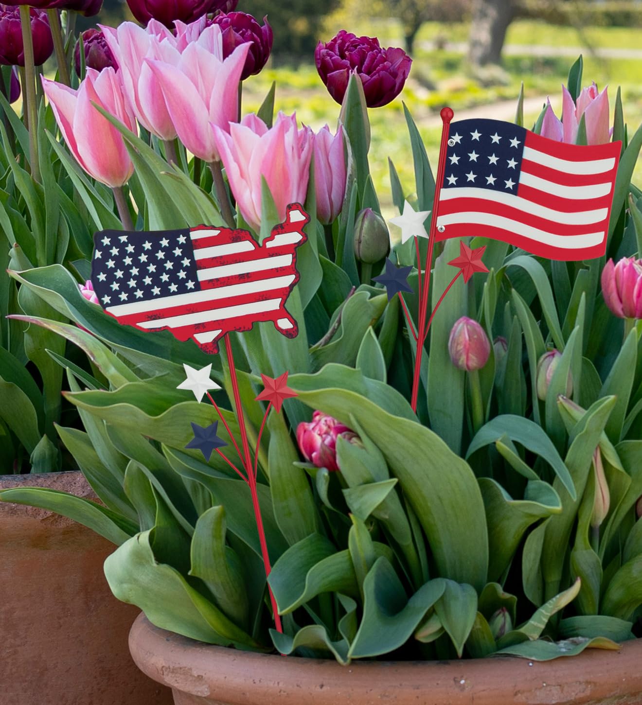 Regal Art & Gift Americana Garden Stake Set of 2, Patriotic Metal Plant Picks, Weather-Resistant Decorative Outdoor Art for Flower Beds and Potted Plants – Flag