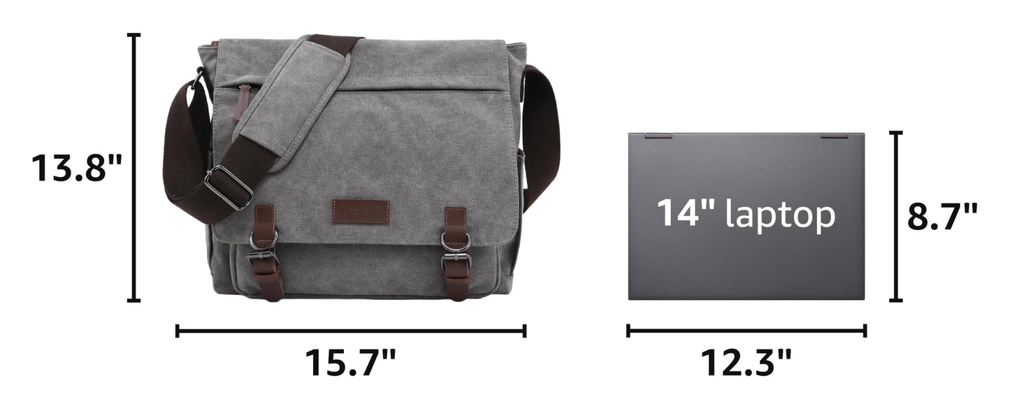 Dasein Large Vintage Canvas Messenger Shoulder Bag, Grey, 15in Laptop