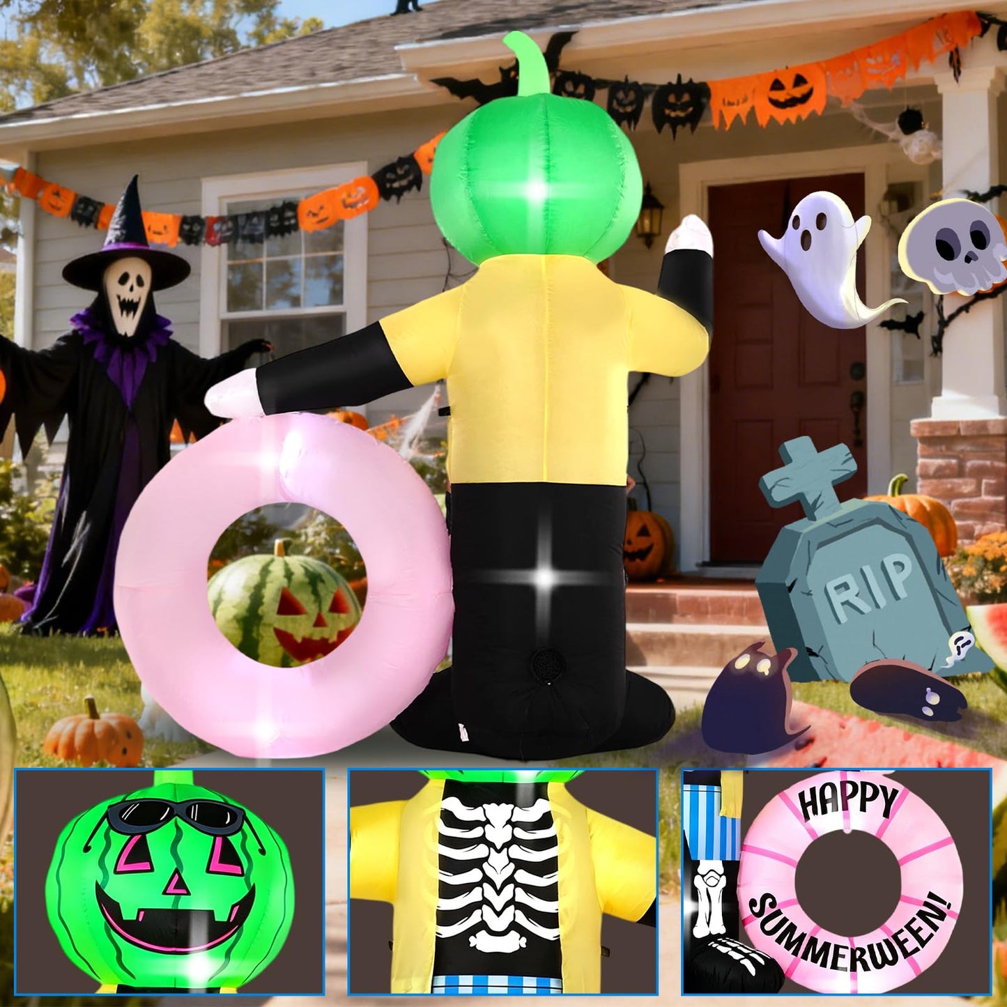 InfleasJoiy 6FT Watermelon Zombie Holding Flower Wreath, Summer Halloween Outdoor Inflatable Decoration with Built-in LED Lights. Suitable for Indoor, Outdoor, and Lawn Parties.