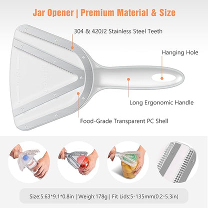 Uinxan Jar Opener for Weak Hands & Seniors with Arthritis - Handheld Manual | Effortlessly Opens Stubborn Screw Lids & Bottle Caps. 304 Stainless Steel. Durable. Patented Kitchen Gadget (Transparent)