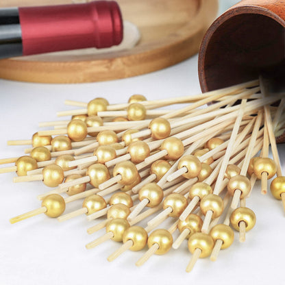 200PCS Cocktail Picks, Fancy Toothpicks for Appetizers, Decorative Bamboo Skewers for Appetizers Drinks Fruit, 4.7 Inch Long Wooden Gold Pearl Food Sticks Charcuterie Boards Accessories Party Supplies