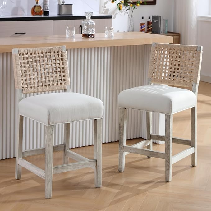 27" White Bar Stools for Kitchen Counter, Mid Century Linen Fabric Counter