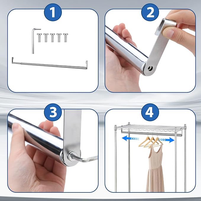 Threehoney Expandable Closet Rod for Wire Shelf Hanging Clothes Adjustable Heavy Duty Closet Hanging Rod Extender Heavy Duty Hanger Bar Metal Poles for Wardrobes Hanger, 1 Pack (24-41 Inch,Silver)
