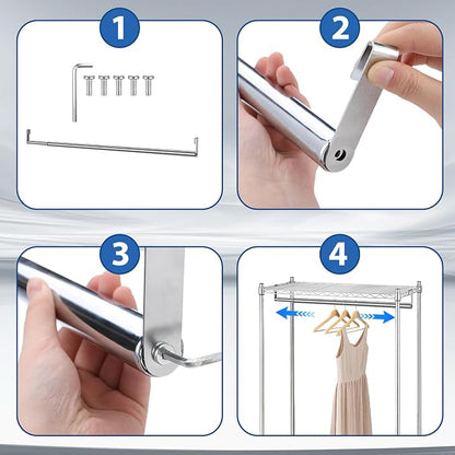 Threehoney Expandable Closet Rod for Wire Shelf Hanging Clothes Adjustable Heavy Duty Closet Hanging Rod Extender Heavy Duty Hanger Bar Metal Poles for Wardrobes Hanger, 1 Pack (24-41 Inch,Silver)