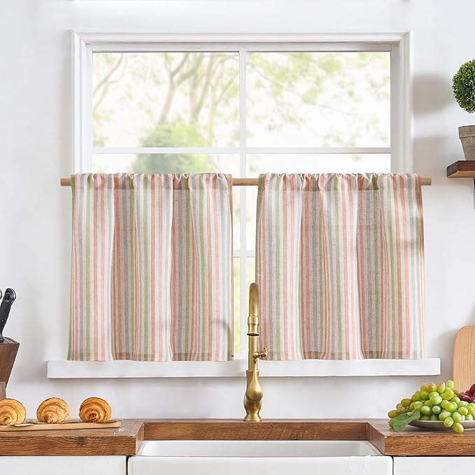 jinchan Striped Linen Kitchen Curtains 24 Inches Christmas Tier Curtains Farmhouse Modern Cafe Style Small Window Treatments Airy Light Filtering Rod Pocket for Living Room Bathroom 2 Panels Candy