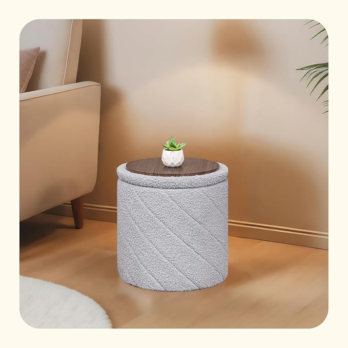 PINPLUS Ottoman with Stroage Round Boucle Ottoman and Tray Sherpa Removable