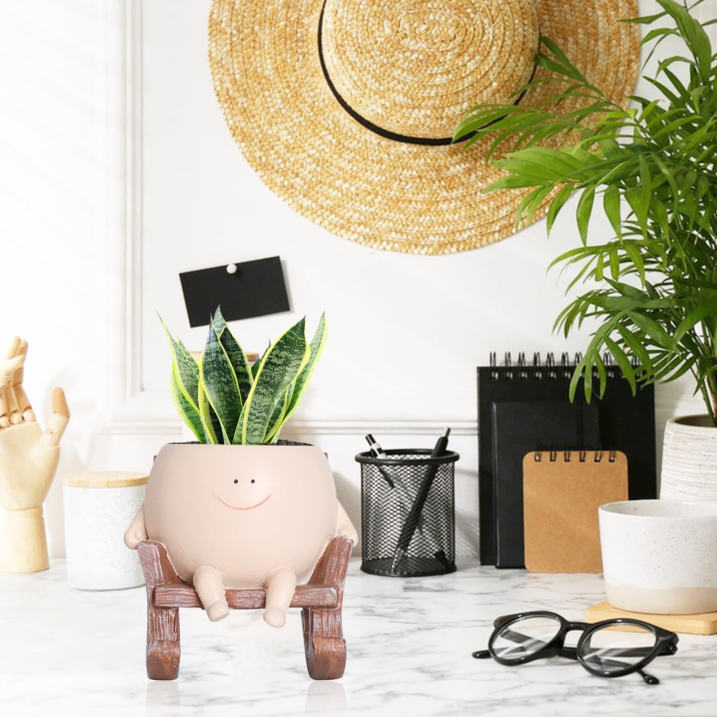 QIAOLY Rocking Chair Face Resin Planter Pot with Drainage Cute Flower Pots for Succulents Plants Live Indoor Outdoor Planters for Houseplants Gift Small (Small)