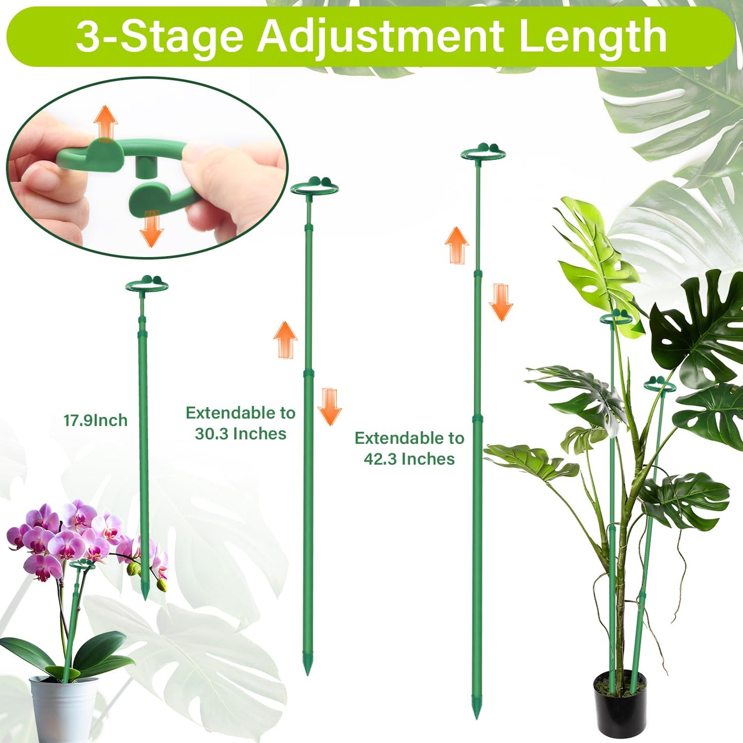 Extendable Plant Stakes,Adjustable Length from 17.9IN to 42.3IN Monstera Support Stakes with Clips,Sturdy Plant Stakes for Indoor Outdoor,Garden Sticks for Tomato,Orchid,Climbing Plants- 5Pack