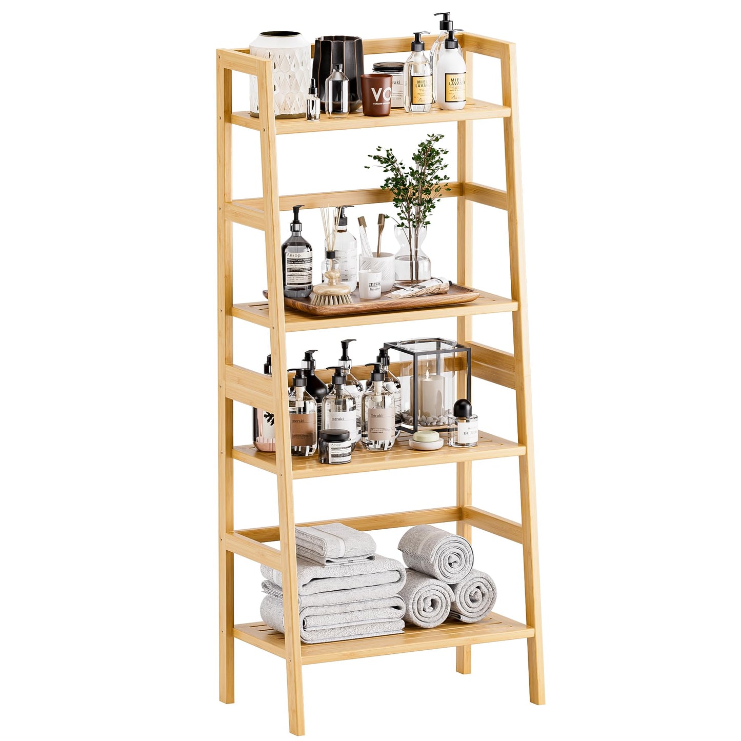 HITNET Ladder Shelf, 4-Tier Bookshelf, Bamboo Leaning Bookcase, Display Storage Rack Organizer, Freestanding Flower Plant Stand for Living Room, Home Office, Kitchen, Natural