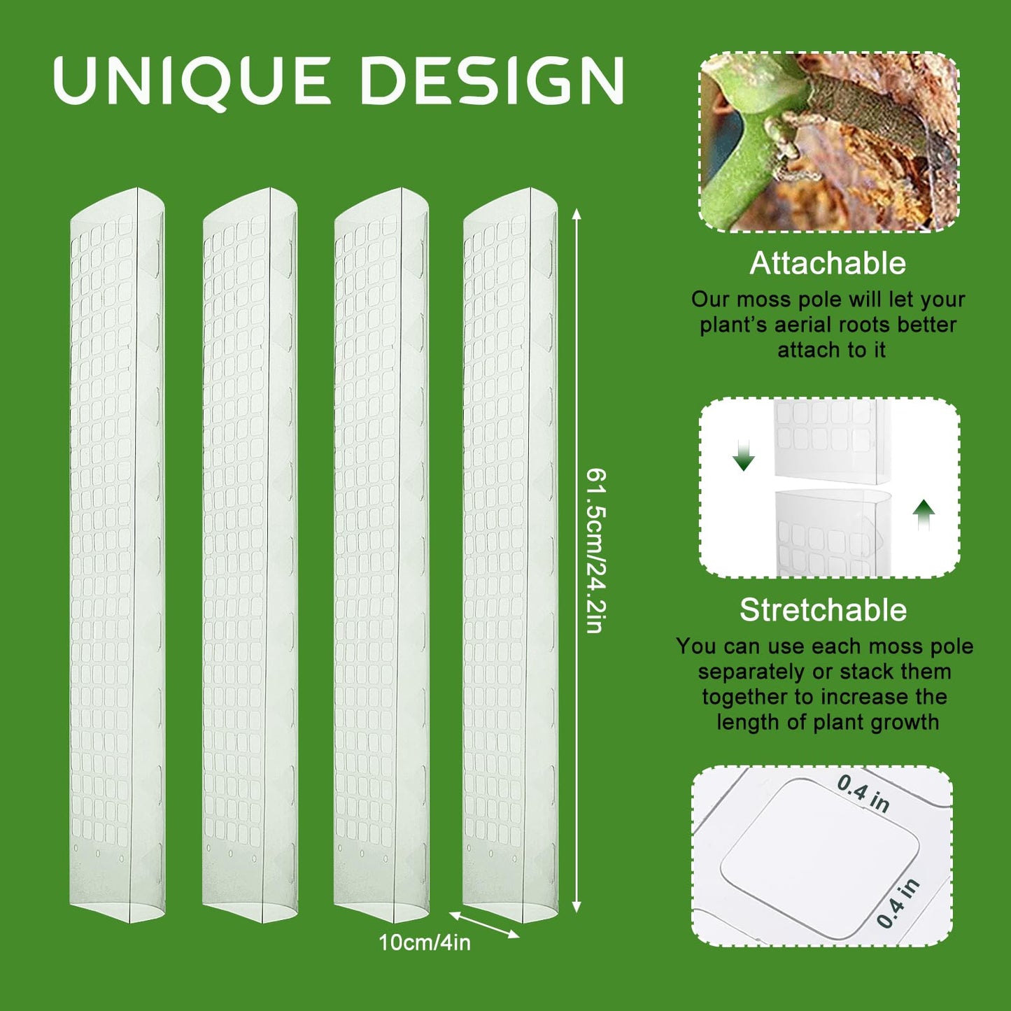 4 Pack 24 Inch D-Shaped Clear Plastic Moss Pole for Plants Monstera, Stackable Climbing Plant Support for Monstera, Pothos, Philodendron, Open Design for Sphagnum Moss