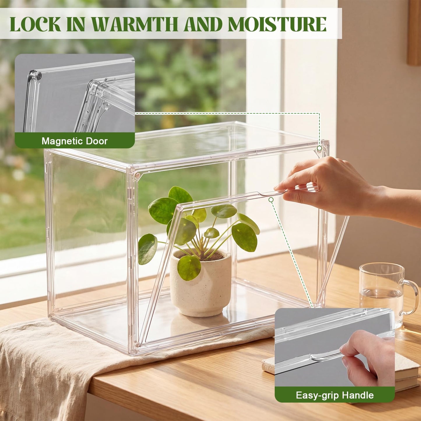 Novabright Mini Greenhouse Indoor, Clear Portable Tabletop Green House with Magnetic Door for Seed Starting, Plant Grow Warmer and Home Gardening Display (14.1 x 10.6 x 9 Inch)