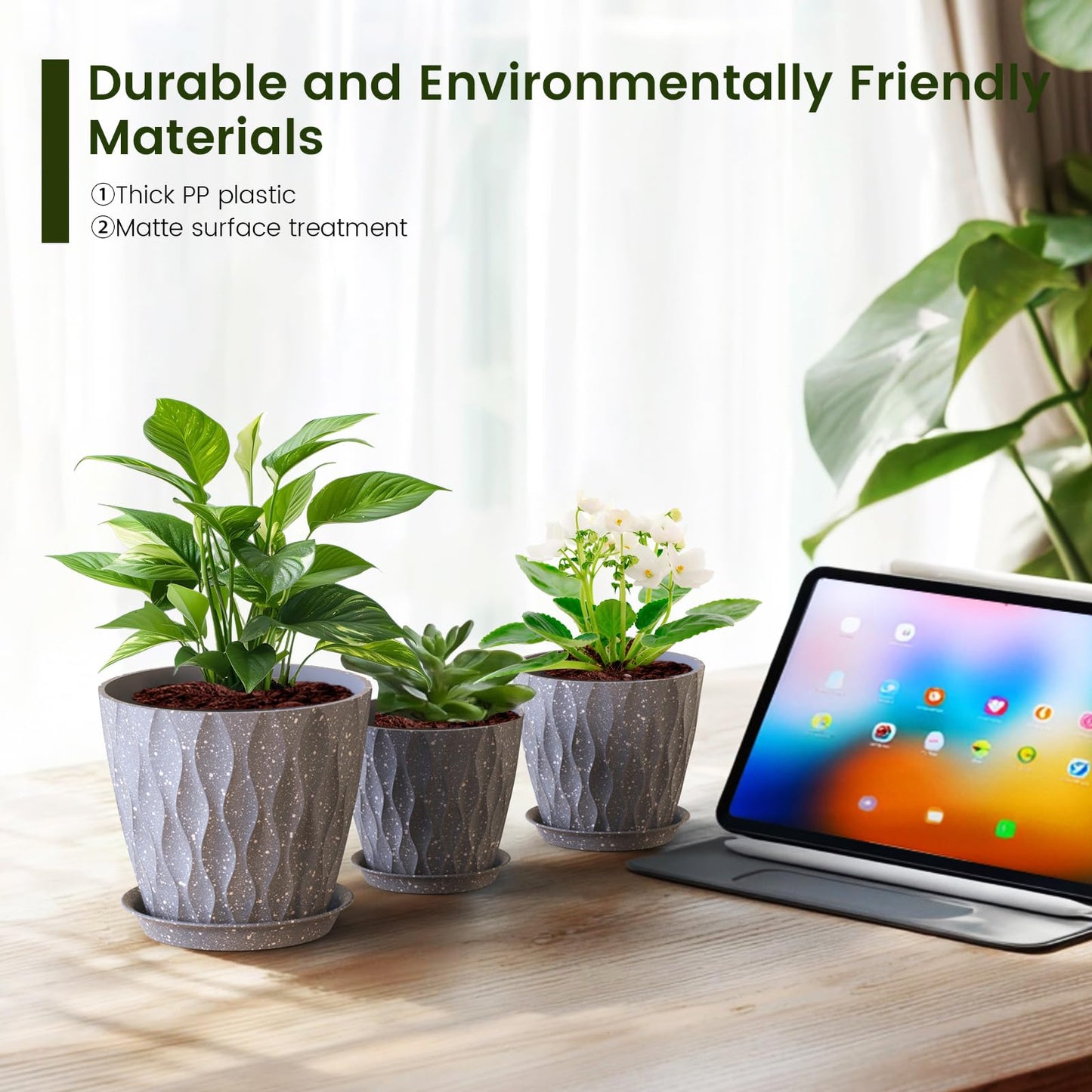 Meowell 7/6.5/6/5.5/5/4.5/4 inch Plant Pots for Indoor Outdoor Plants, 7 Pack Thick Flower Pots with Drainage Holes and Saucers, Modern Wave Texture Plastic Planters Nursery Pots, Speckled Grey