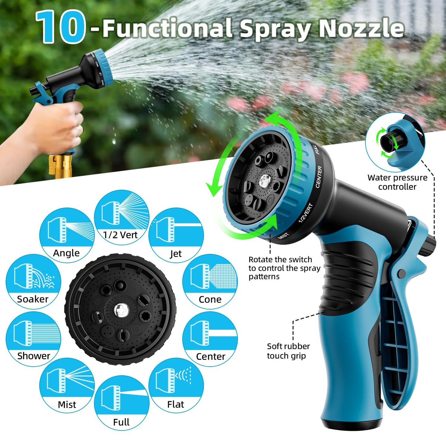 Garden Hose, Non-Expandable Water Hose 75 ft, Flexible, Kink & Leak Proof Water Pipe with 10-Function Spray Nozzle, Lightweight Outdoor Hose for Yard, Lawn, Car Wash, RV and Home Use