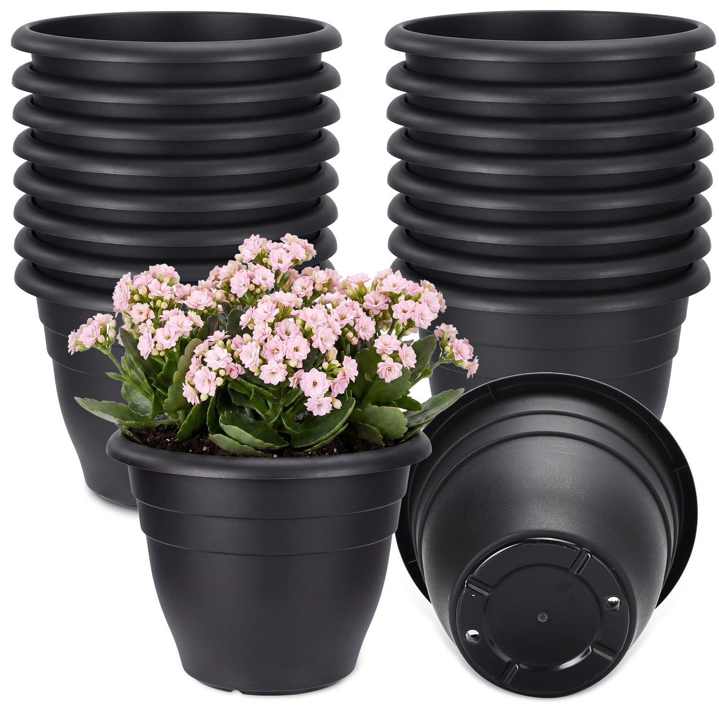 Romooa 20 Pack 10 Inch Plant Pots Bulk with Drainage Holes Heavy Duty Black Plastic Garden Planters Mordern Flower Pots for Indoor Outdoor Garden Patio Balcony