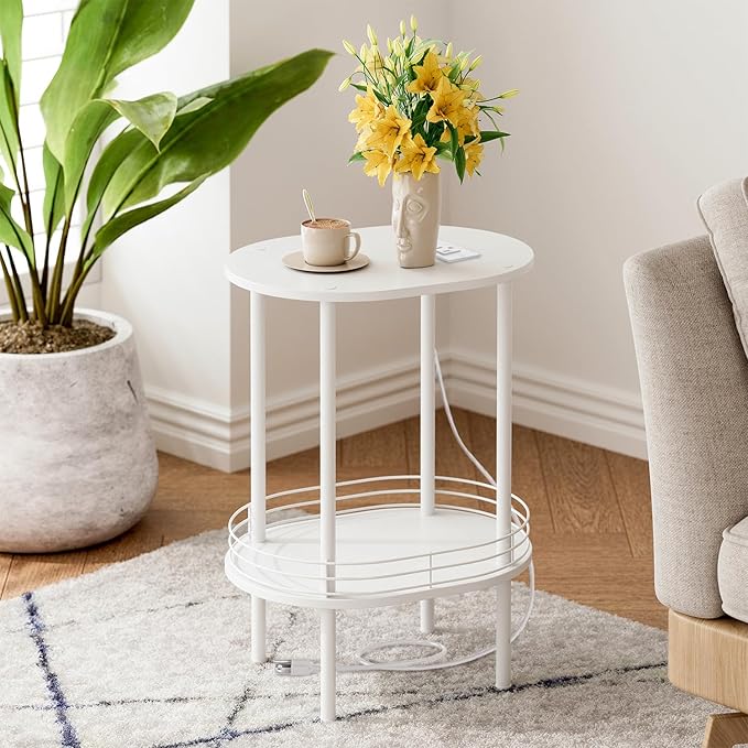 DGSANDGO White Side Table with Charging Station, Side Tables Living Room