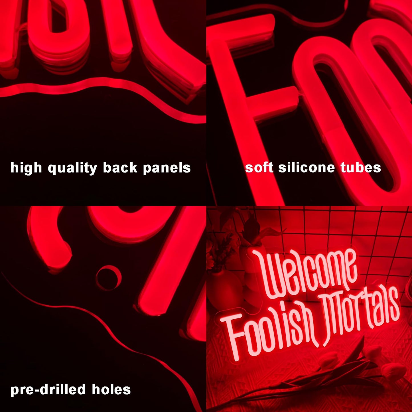 Welcome Foolish Mortals Neon Sign,Dimmable Spooky Gothic Haunted Mansion Coffin LED Neon Signs for Wall Decor,USB Powered Led Neon Light for Halloween Party Haunted House Man Cave Birthday Gifts(16.1*9.4in) (Red)