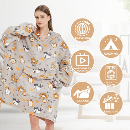 Mewkou Wearable Blanket Hoodie for Adult,Oversized Sherpa Fleece Blanket Hoodie for Women Men,Cat