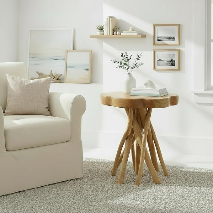 WELLAND Solid Teak Live Edge End Table, Small Accent Table, Plant Stand