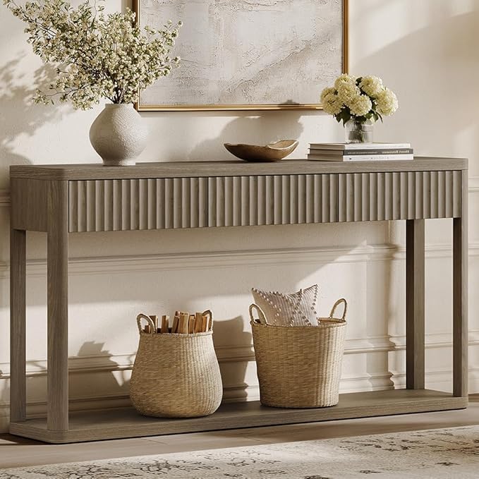 SICOTAS Entryway Table with Storage, 60.74" W Console Table with 3 Fluted