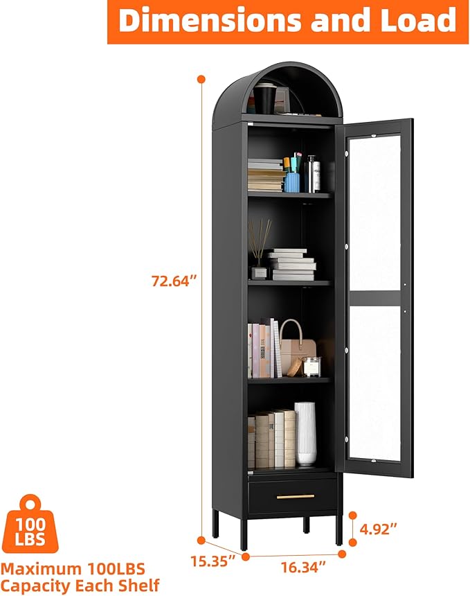 METAN Metal Arched Storage Display Cabinet, 1 Glass Door and Bottom 1 Drawer