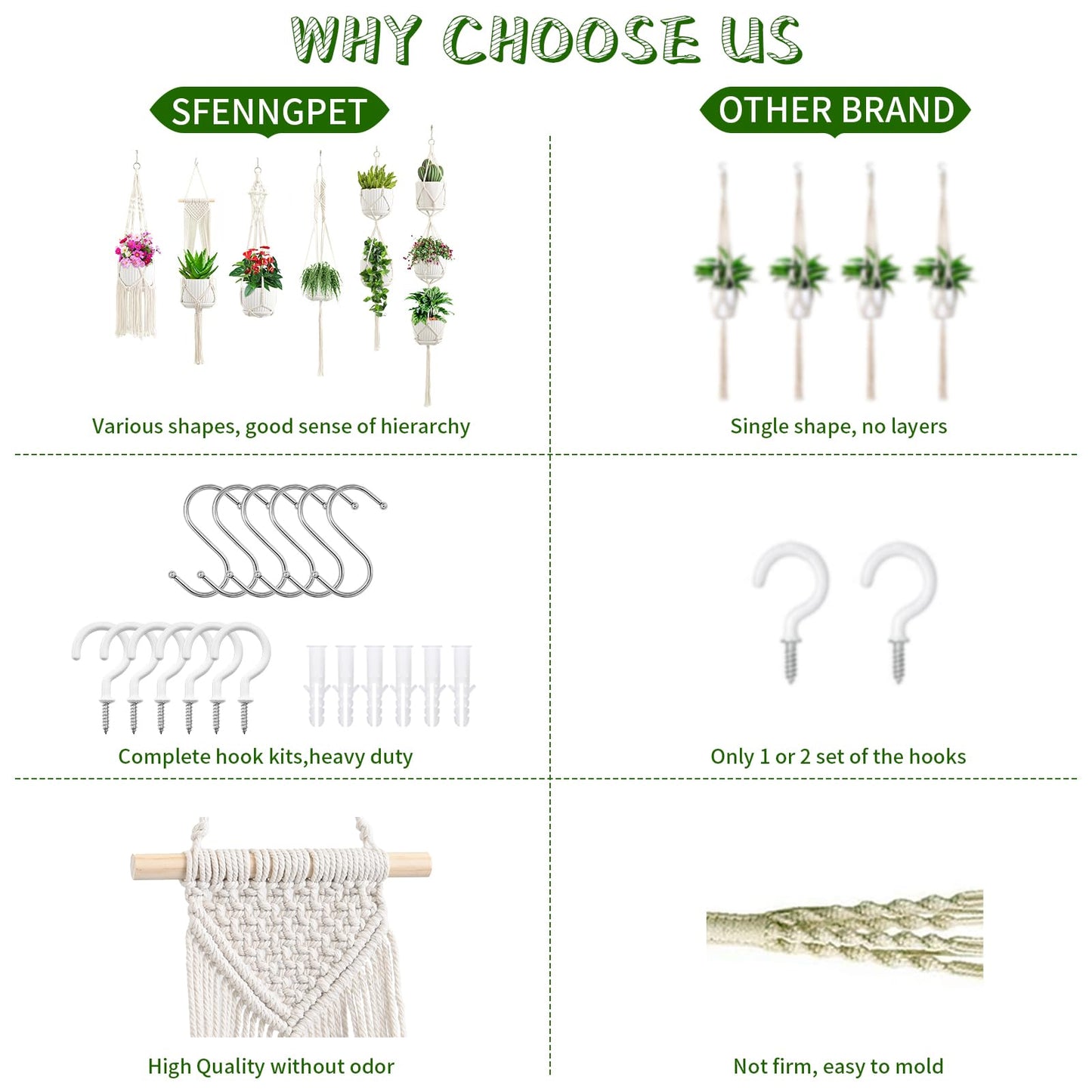 SFENNGPET Macrame Plant Hangers, 6Pack Hanging Planters for Indoor Plants w/ 6 Set Hangers Kit Handmade Macromay Plant Hangers Indoor Flower Pots Holder Stand for Boho Home Décor (POTS NOT Included)