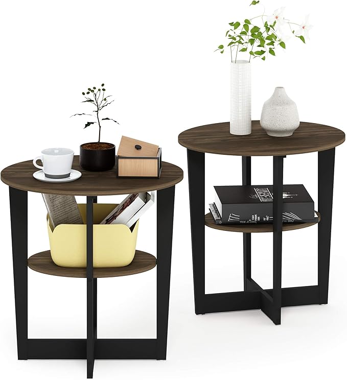 Furinno JAYA Side Table Set of 2, 2-Tier Round Modern End Table