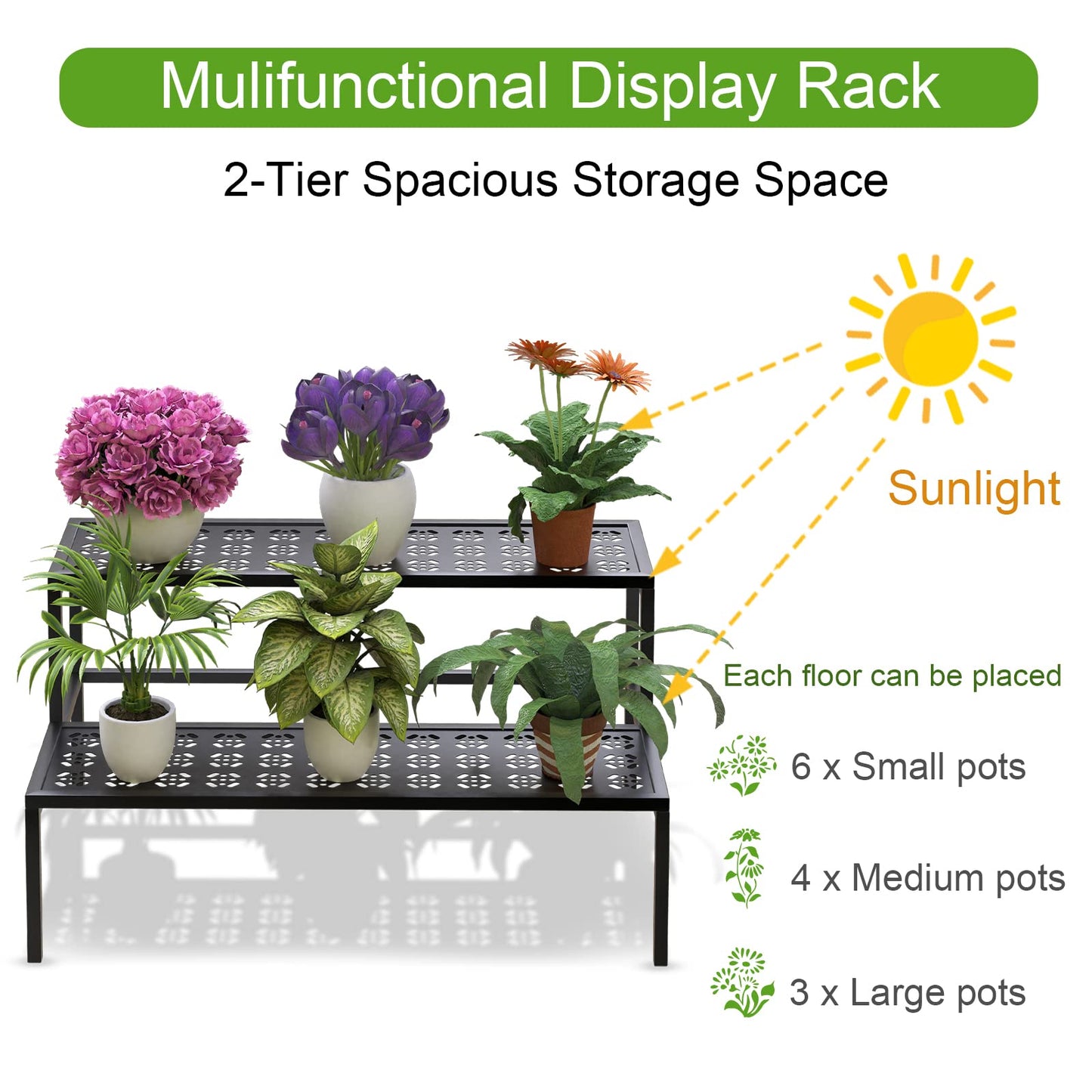 Metal Plant Stand Metal 2 Tier Potted Multiple Flower Pot Holder Plant Shelf Indoor Plants Multiple,Outdoor Heavy Duty Planter Display Shelving Unit for Patio Garden Corner Balcony Living Room(Black)
