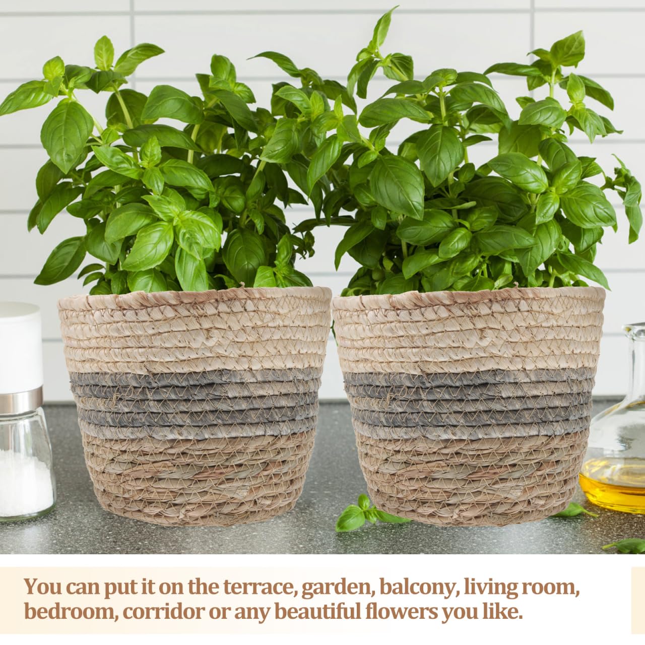 Healeved 2PCS Seagrass Plant Basket with Liner for Indoor Plants Rattan Pots 6inch Weaving Straw Planter Baskets Wicker Small Rustic Decorative Flower Pots for Desktop