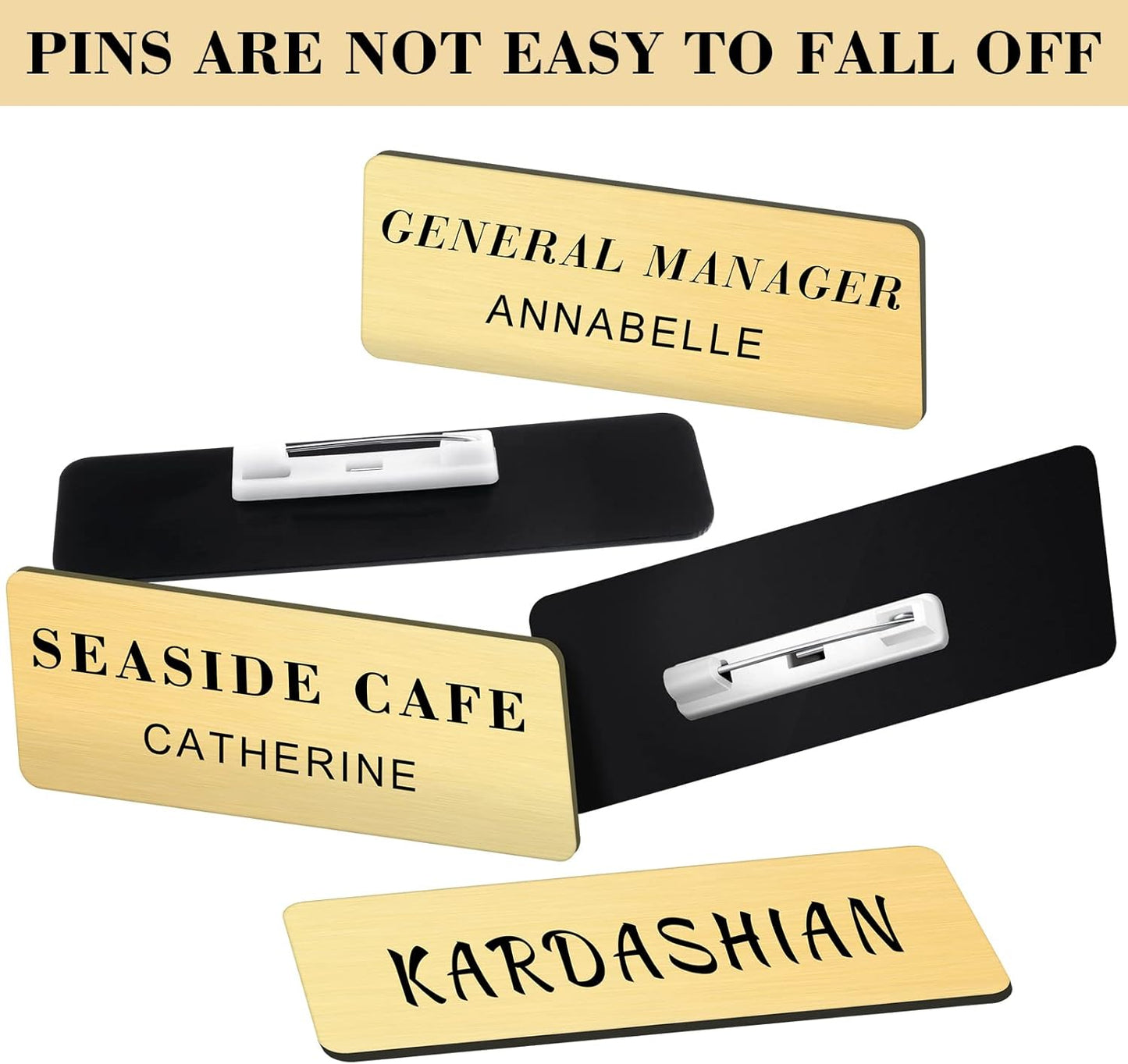 Breling 100 Pieces Name Tags with Pins 1 x 3 Inches Blank Name Tags Reusable ID Badge Holders with Clip for Office Workers Students Employee Custom(Gold)