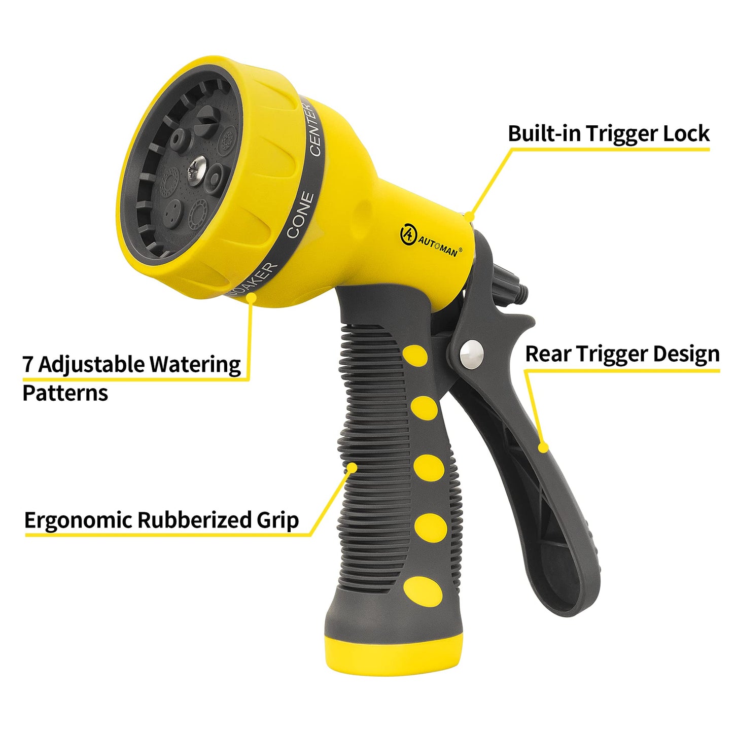 AUTOMAN-Garden-Hose-Nozzle,ABS Water Spray Nozzle with Heavy Duty 7 Adjustable Watering Patterns,Slip Resistant for Watering Plants,Lawn& Garden,Washing Cars,Cleaning,Showering Pets - Yellow