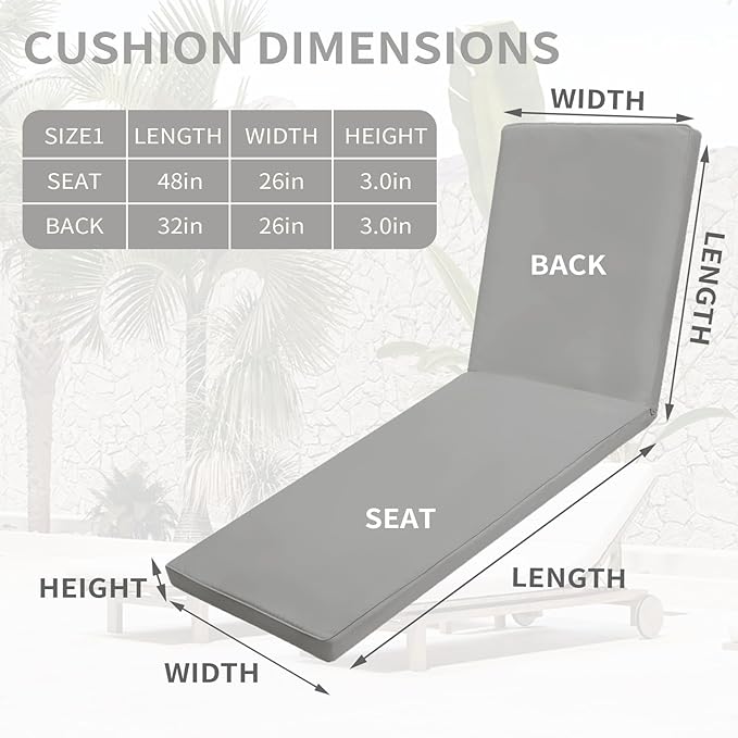 Outdoor Chaise Lounge Cushions for Patio, Lounge Chair Cushions, Waterproof