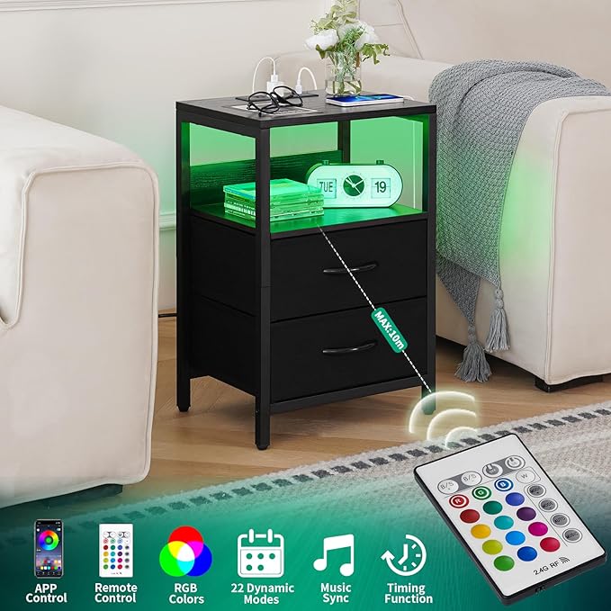 Yoobure Nightstand with Charging Station, LED Night Stand with Fabric Drawers