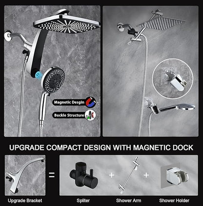 BOZYBO Rain Shower Head with Handheld: High Pressure Shower Heads with Handheld Spray Combo, 12" Rainfall Shower Head and 9 Sprays Hand Showerheads with Magnetic Docking and Power Jets, Chrome 1.8GPM