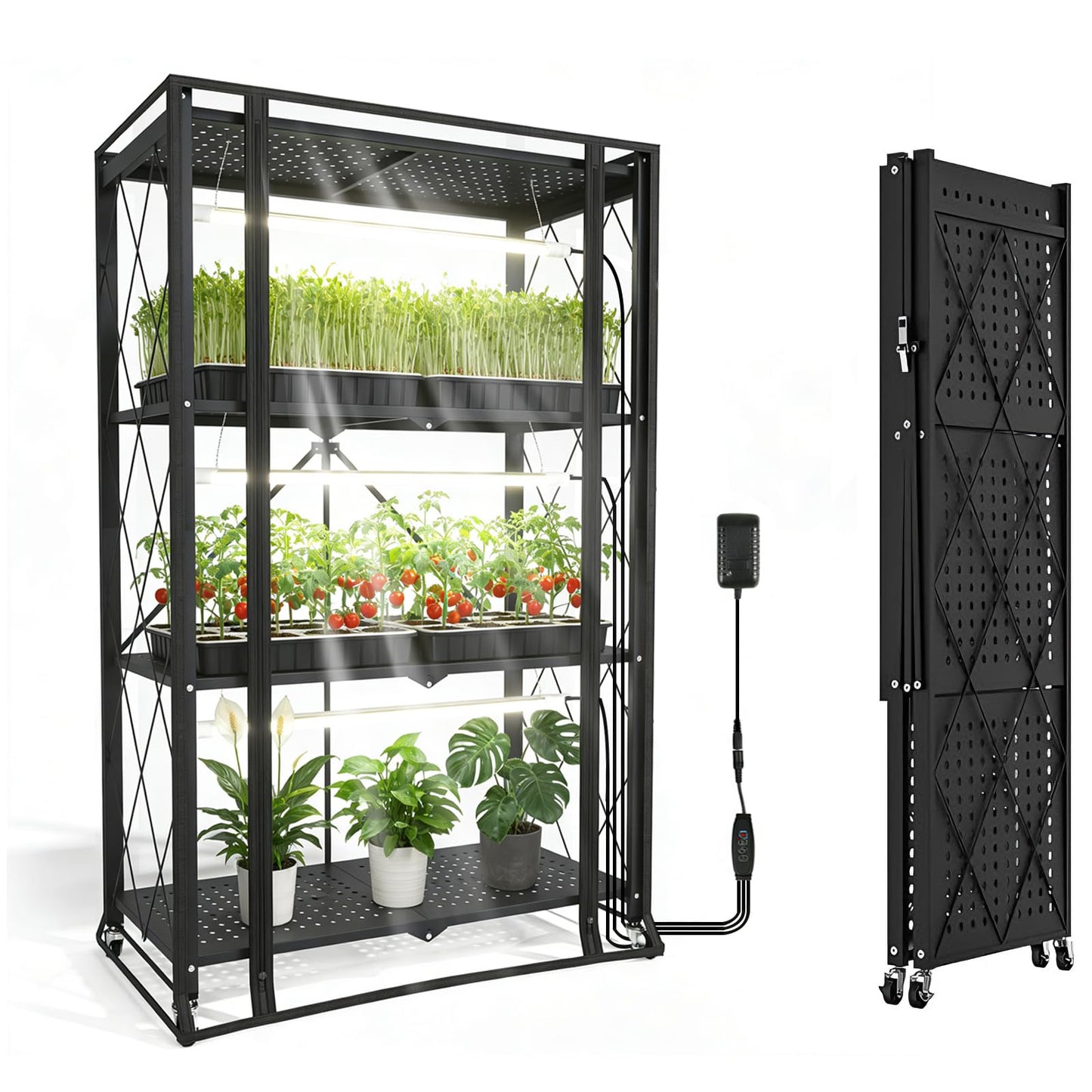 Nedechom Indoor Greenhouse with Grow Light, 4-Tier Foldable Metal Plant Shelf with Full Spectrum 6000K Growing Lamps and Tent, Mini Greenhouse Cabinet with Timer for Seed Starting (28.2"x14.2"x50")