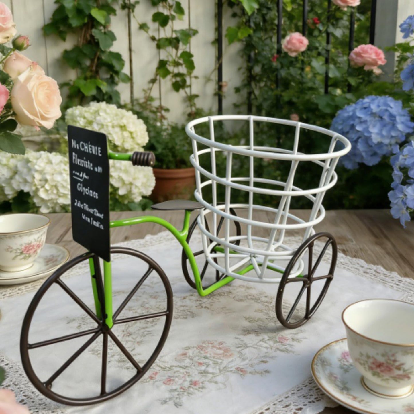 JAMIEKA Beautiful Iron Tricycle Flower Pot Holder Container with Deep Basket for Living Room Indoor Outdoor Garden Decoration