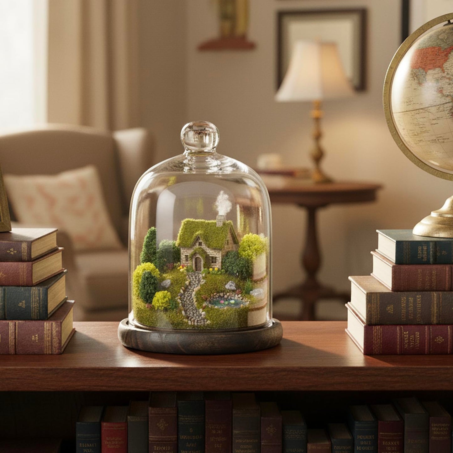 MyGift Clear Cloche Glass Dome,9 Inch Display Bell Jar with Top Handle and Rustic Brown Solid Wood Base