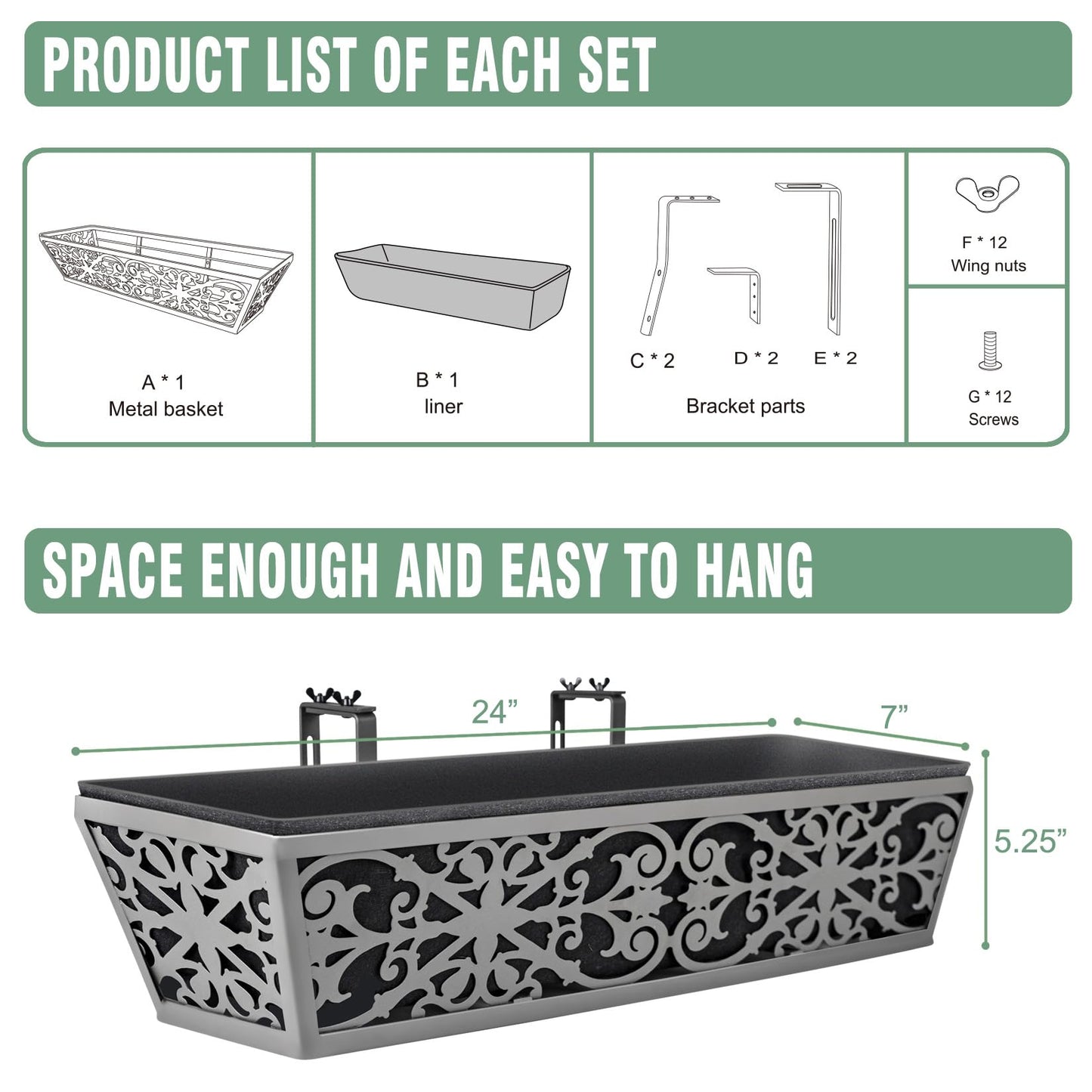 6 Pack 24 Inch Window Boxes Planter for Outdoor Plants Deck Railing Planters Box with Adjustable Brackets for Porch Fence Balcony Hanging Flower Baskets with Non-Woven Fabric Liner for Garden Decor