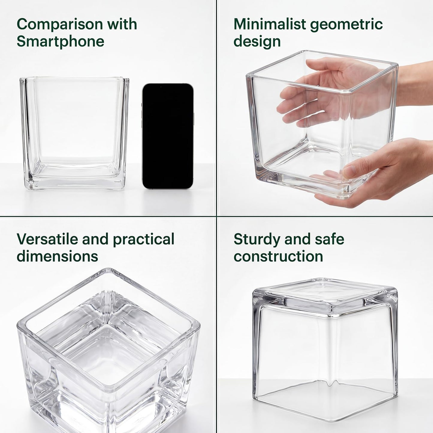 4 Pack Square Glass Vase 6" x 6" x 6", Clear Flower Vase for Centerpieces,Plant Terrarium, Floating Candle Holder for Wedding Centerpieces, Office Decorations, Home Décor, Parties and Events