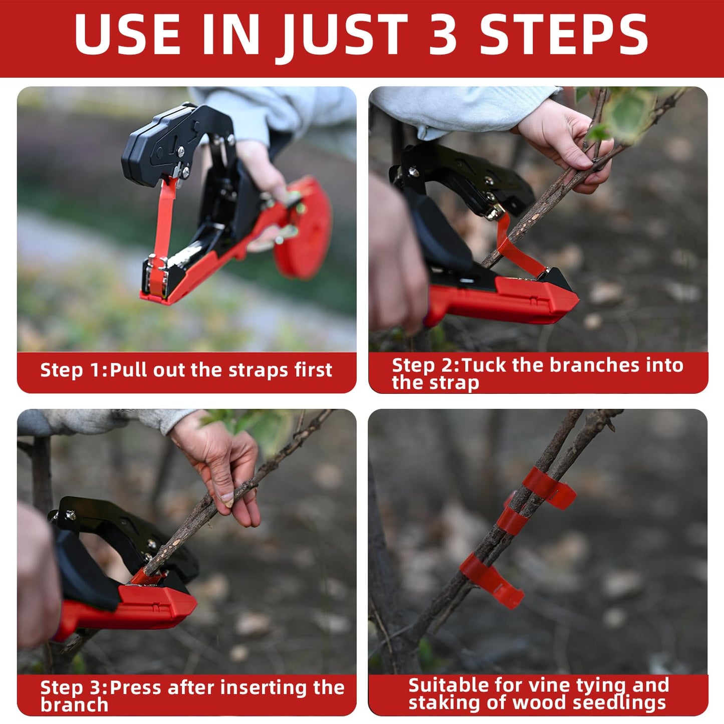 Suca Plant Tying Machine, Lightweight Plant Tying Tape Tool to Tie Up Vine Quickly, Plant Tie Tapener Gun with Tapes and Staples, Red