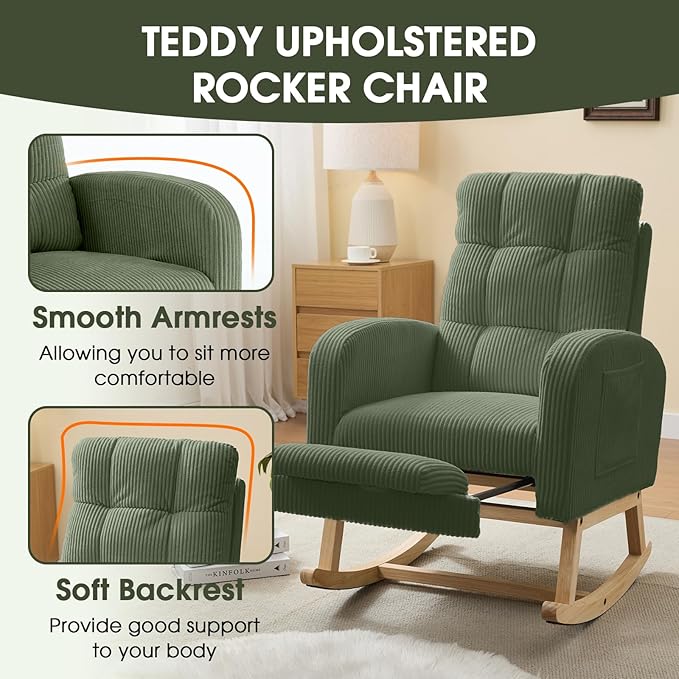 NIOIIKIT Nursery Rocking Chair, Corduroy Upholstered Rocking Chair