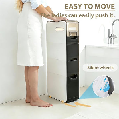 BGYMF Ultra Thin 4-Tier Slim Bathroom Storage Cabinet, Slim Cabinet for Bathroom, Narrow Rolling Cart with Wheels, White Plastic Organizer for Small Space, Kitchen, Laundry, Living Room, Corner
