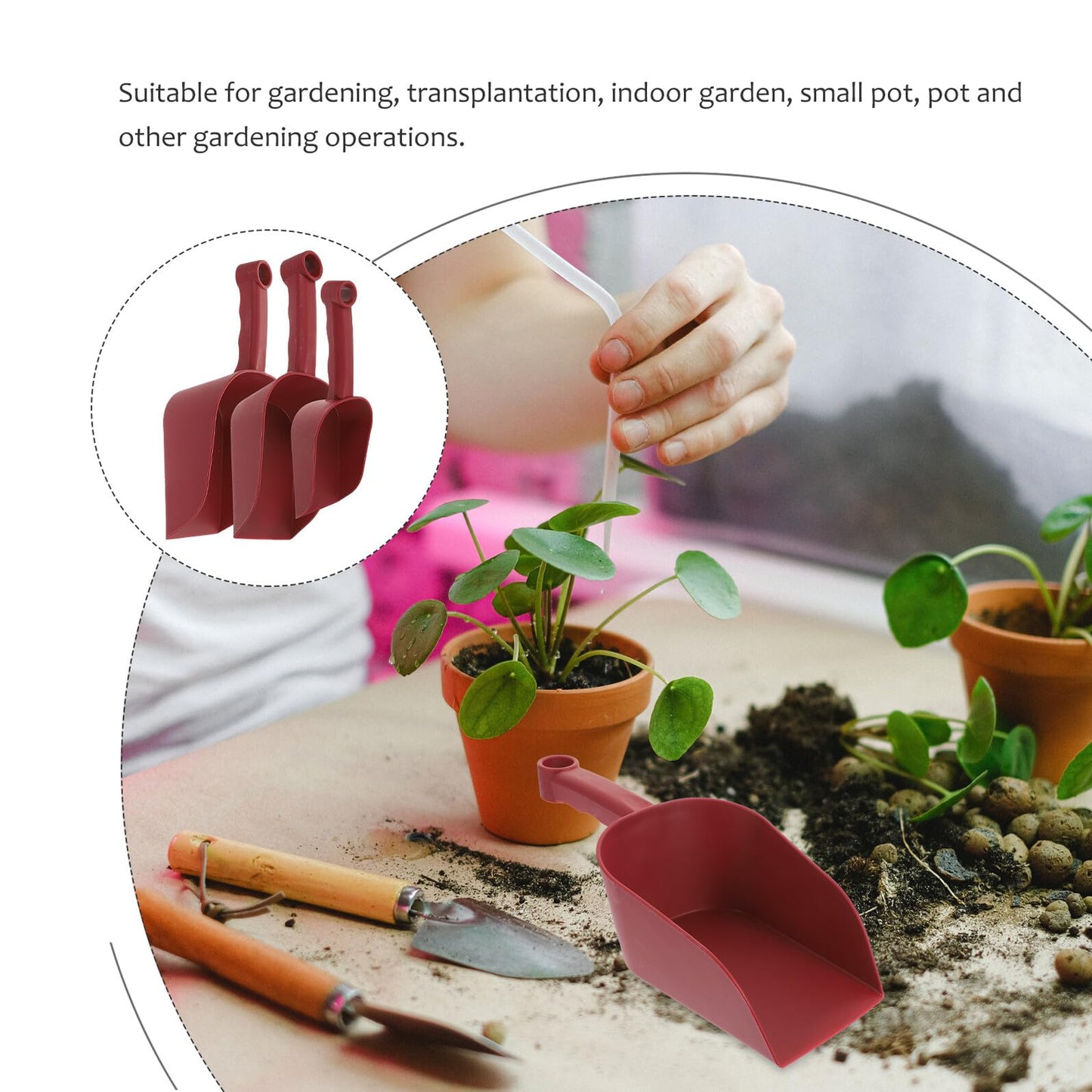 PLAFOPE 3pcs Gardening Shovel Set for Indoor and Outdoor Planting, Soil Scoop and Weeding Hand Tools, Burgundy Plastic Succulent and Bonsai Potting Shovels for Home Garden Use