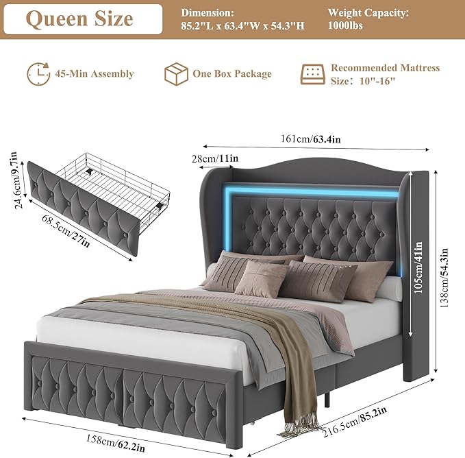 Queen Bed Frame 55" Tall Headboard