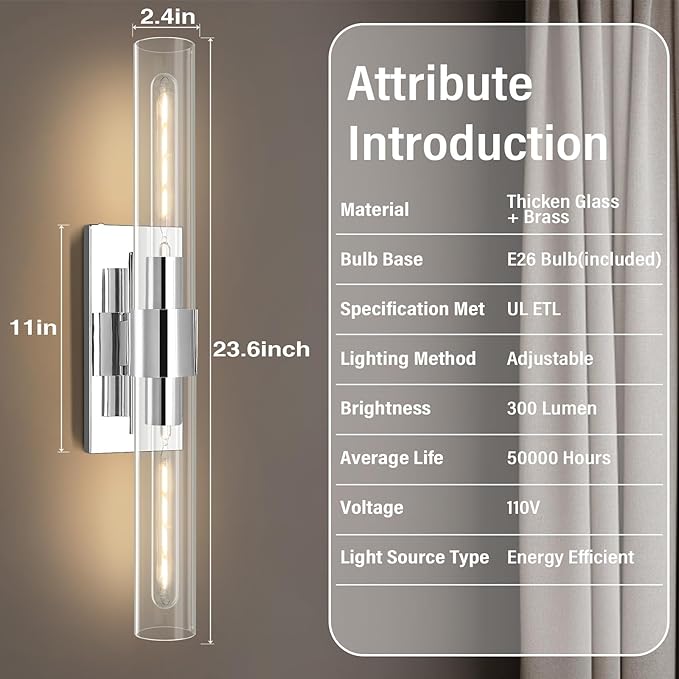 Chrome Wall Sconces, 22.8" Bathroom Sconces, Indoor Sconces Wall Lighting Up and Down, Nickel Wall Sconce Dimmable, Vanity Lights Fixtures with Tube, Glass Sconce for Bedroom, Staircase